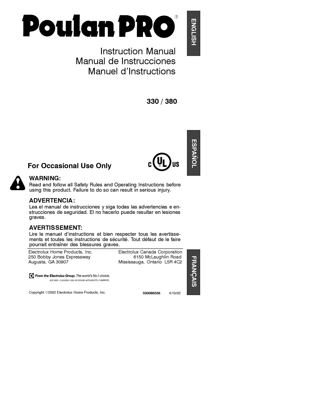 Poulan 330, 380 instruction manual Manual de Instrucciones Manuel d’Instructions 