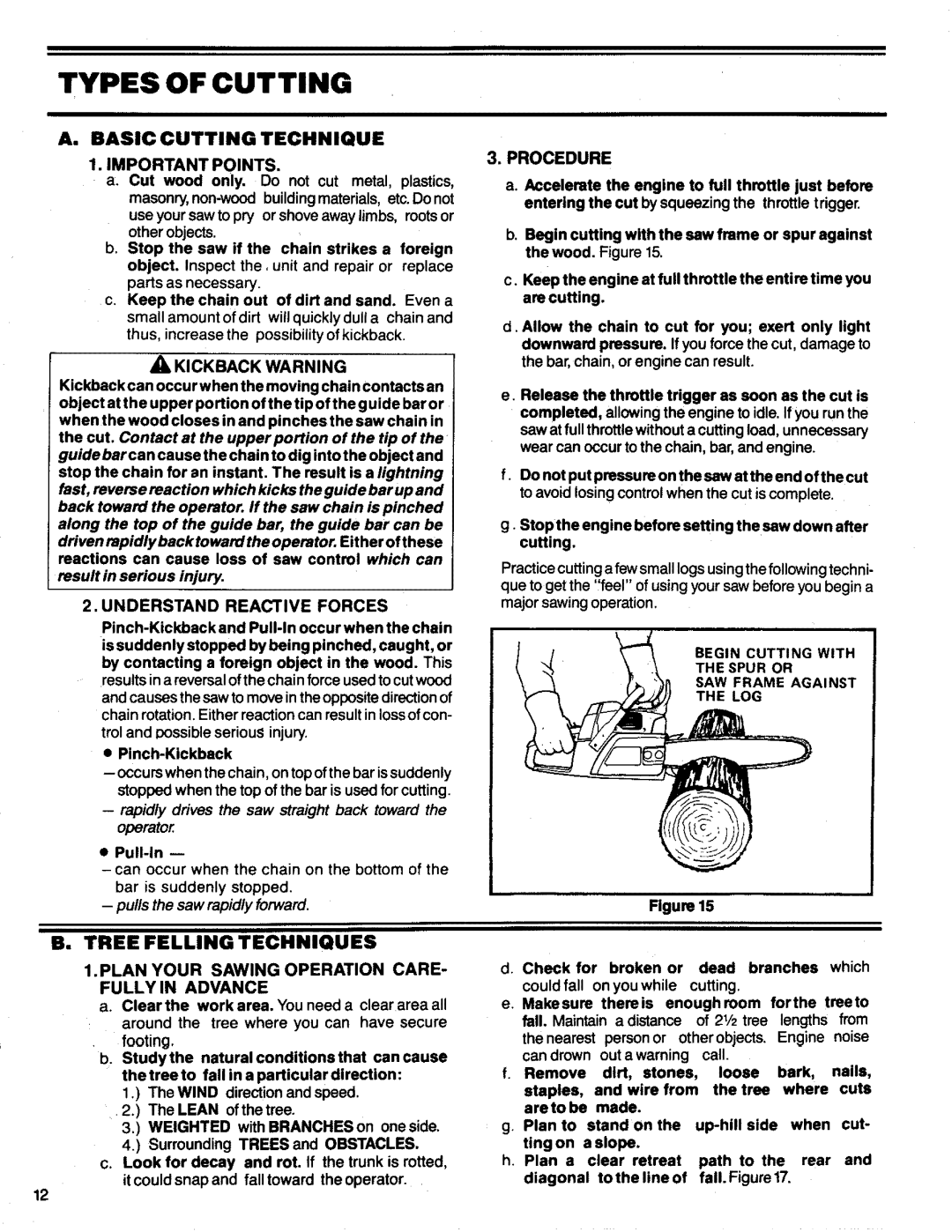 Poulan 3300 manual Types of Cutting, Basic Cutting Technique, Tree Felmngtechniques 
