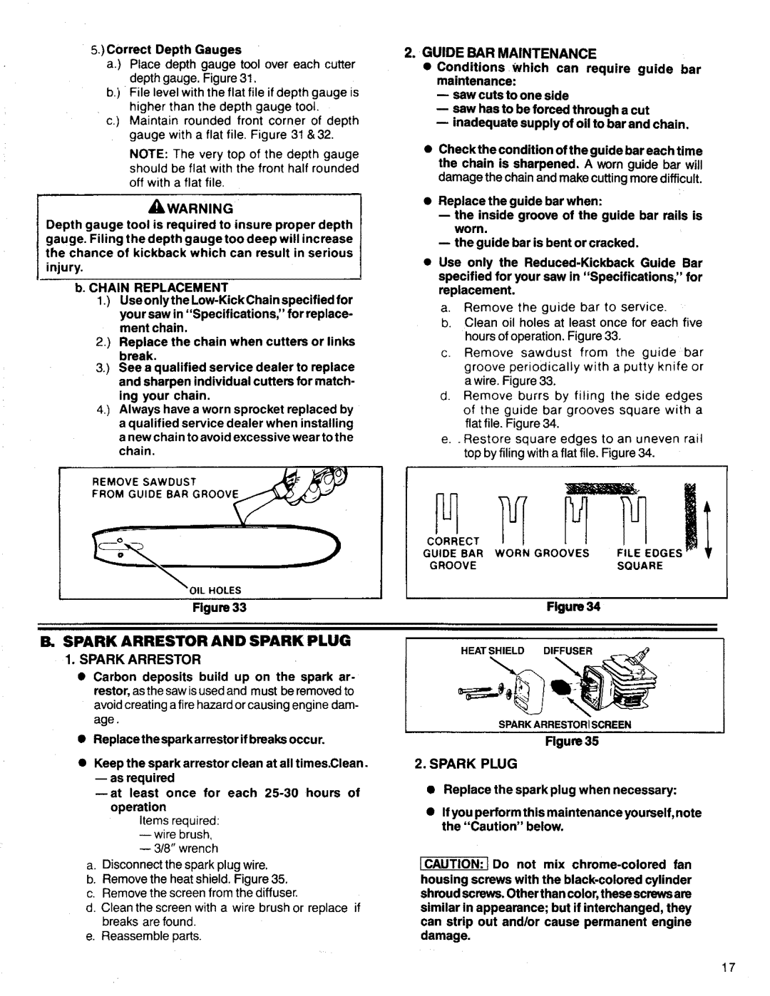 Poulan 3300 manual Spark Arrestor and Spark Plug, Guide BAR Maintenance, Groove Square 