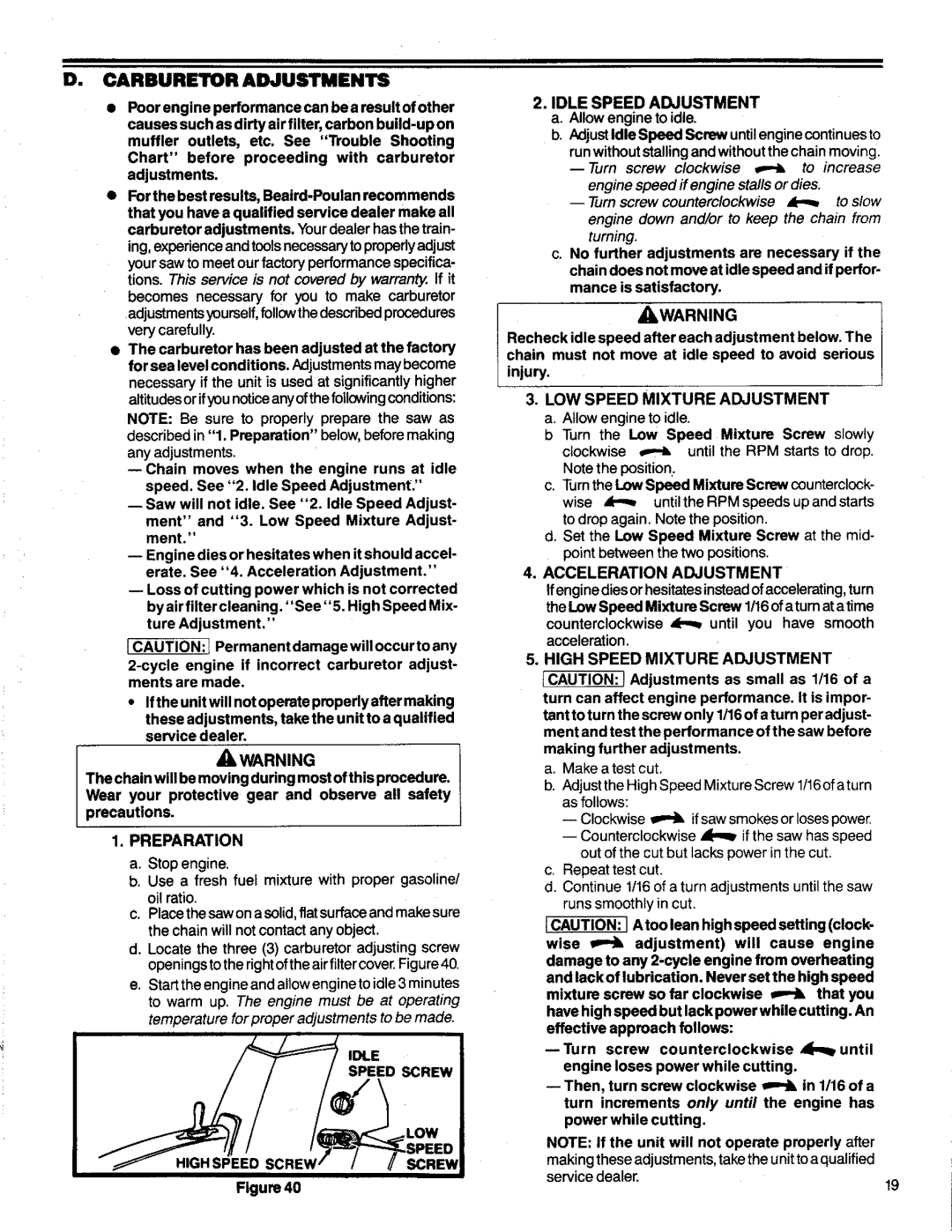 Poulan 3300 manual Preparation, Idle Idle Speed Adjustment, LOW Speed Mixture Adjustment, Acceleration Adjustment 