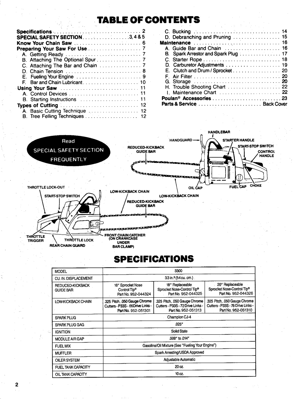 Poulan 3300 manual Contents, Specifications 