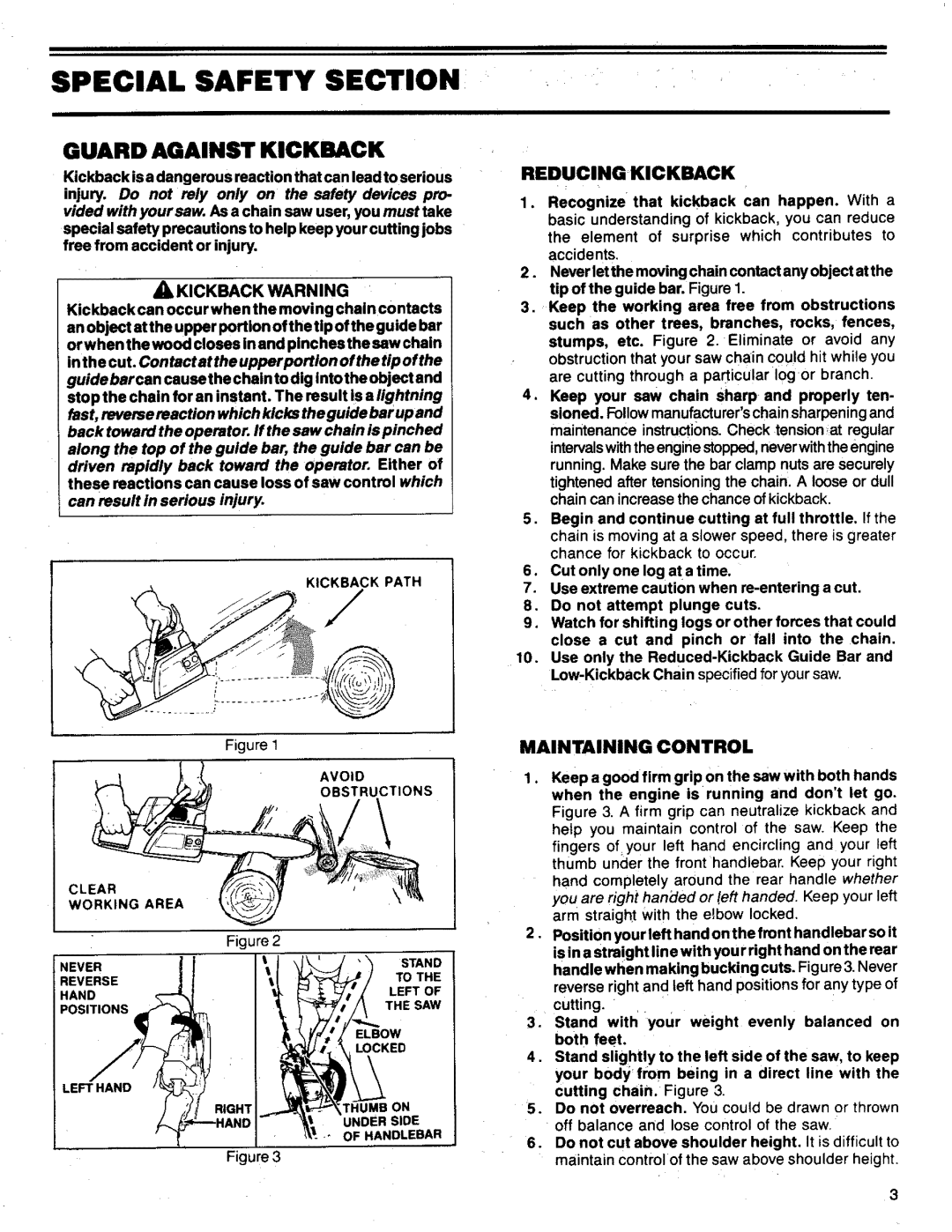 Poulan 3300 manual Special Safety Section, Reducingkickback, Maintaining Control, Kickback Warning 