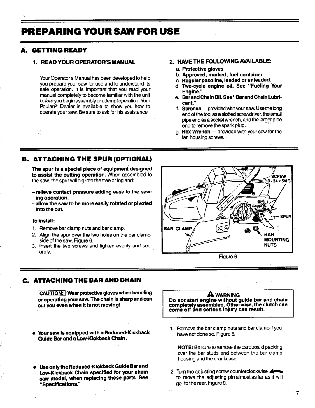 Poulan 3300 Preparing Your SAW for USE, Attaching the Spur Optional, Attaching the BAR and Chain, Readyouroperatorsmanual 