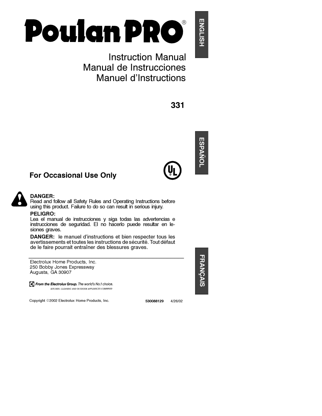 Poulan 331 instruction manual Manual de Instrucciones Manuel d’Instructions 