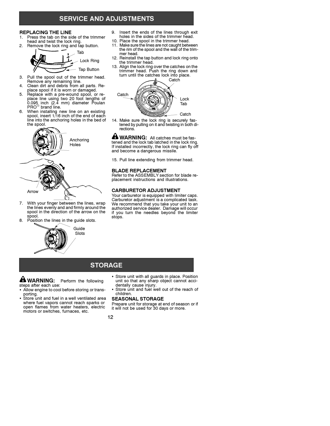 Poulan 331 instruction manual Replacing the Line, Blade Replacement, Carburetor Adjustment, Seasonal Storage, Porting 