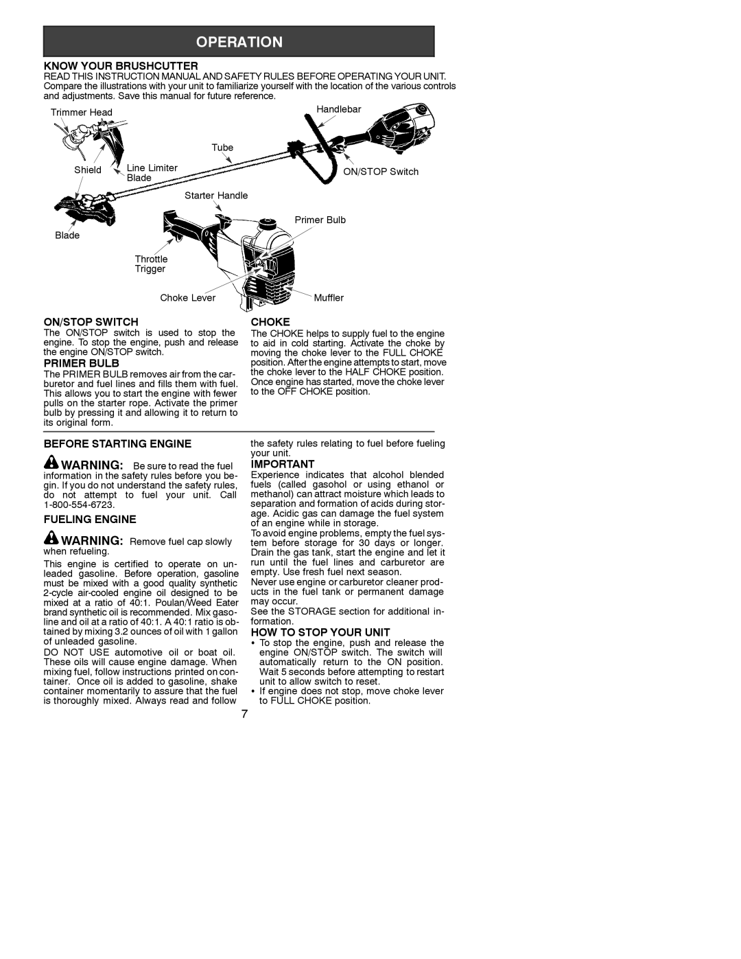 Poulan 331 Know Your Brushcutter, ON/STOP Switch, Primer Bulb, Choke, Before Starting Engine Fueling Engine 