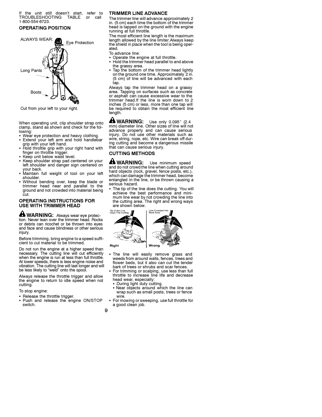 Poulan 331 Operating Position Trimmer Line Advance, Operating Instructions for USE with Trimmer Head, Cutting Methods 