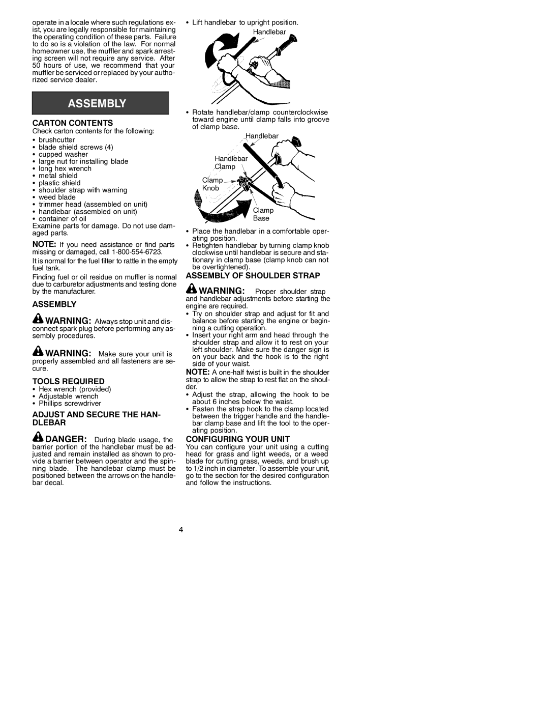 Poulan 331 Carton Contents, Assembly Tools Required, Adjust and Secure the HAN- Dlebar, Assembly of Shoulder Strap 