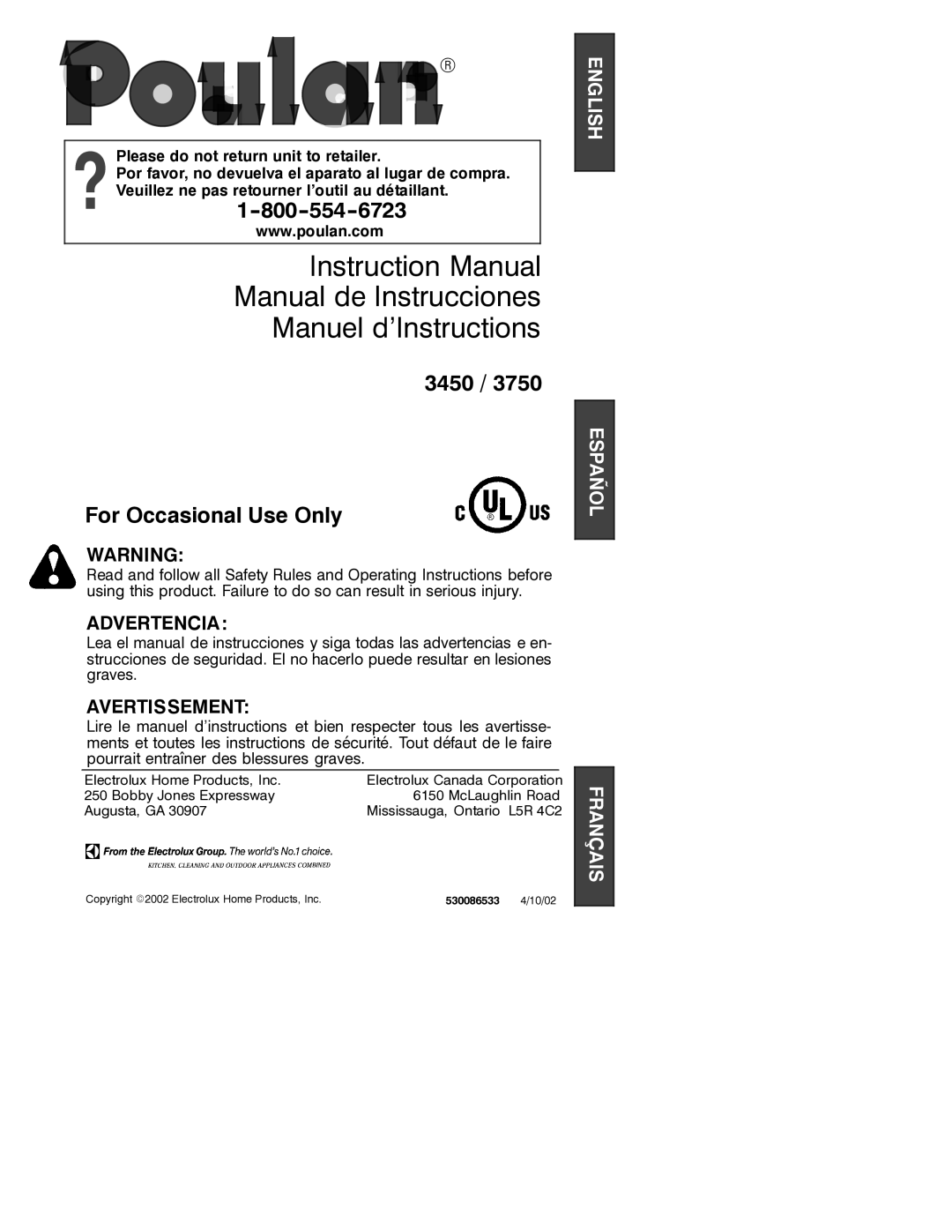 Poulan 3450, 3750 instruction manual Manual de Instrucciones Manuel d’Instructions 