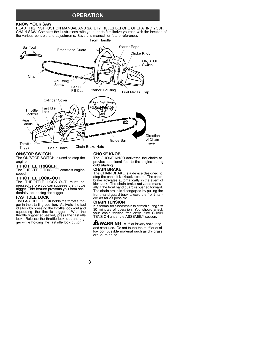 Poulan 3450, 3750 Know Your SAW, ON/STOP Switch, Throttle Trigger, Throttle LOCK-OUT, Fast Idle Lock, Choke Knob 