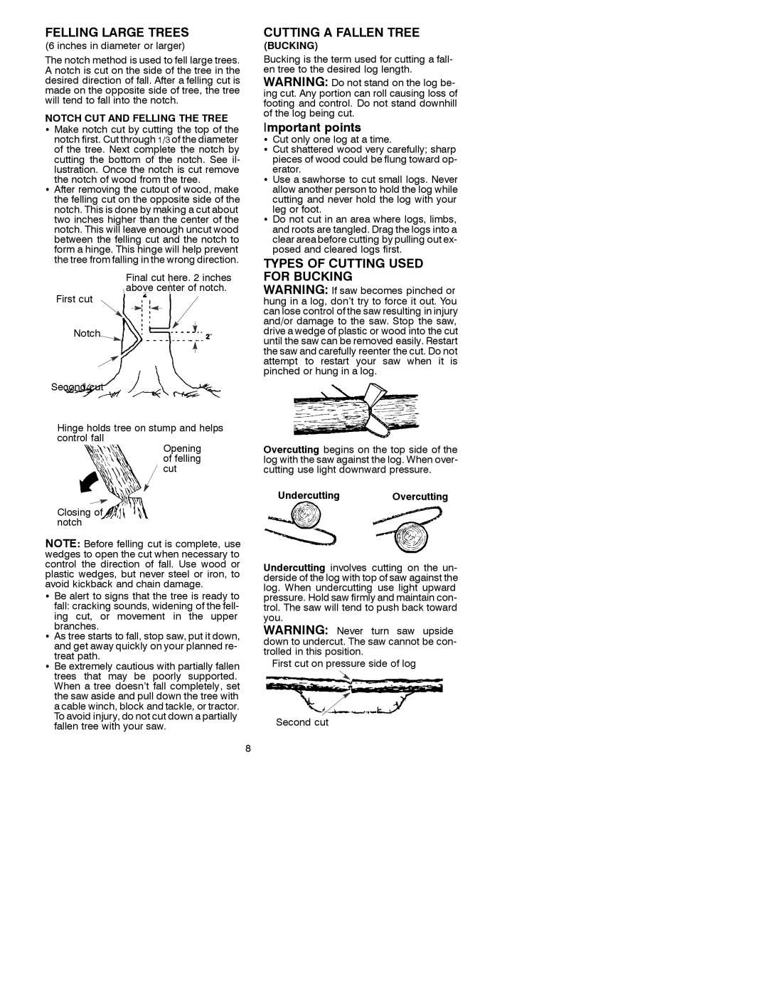 Poulan 3450 manual Felling Large Trees, Cutting a Fallen Tree, Important points, Types of Cutting Used for Bucking 