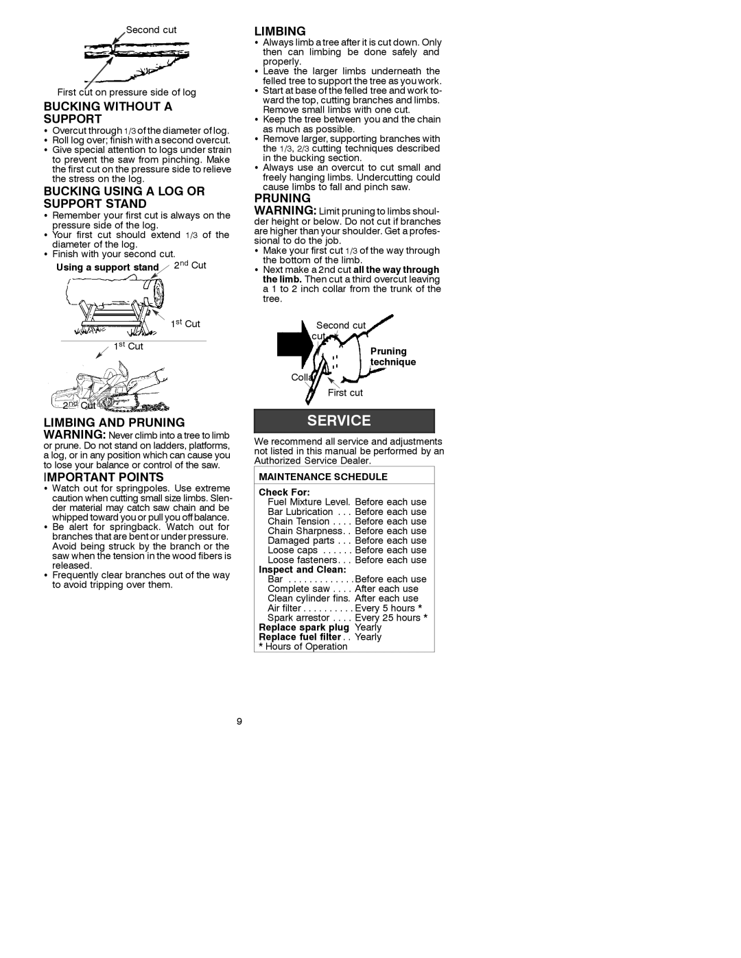 Poulan 3450 manual Bucking Without a Support, Bucking Using a LOG or Support Stand, Limbing, Pruning, Maintenance Schedule 
