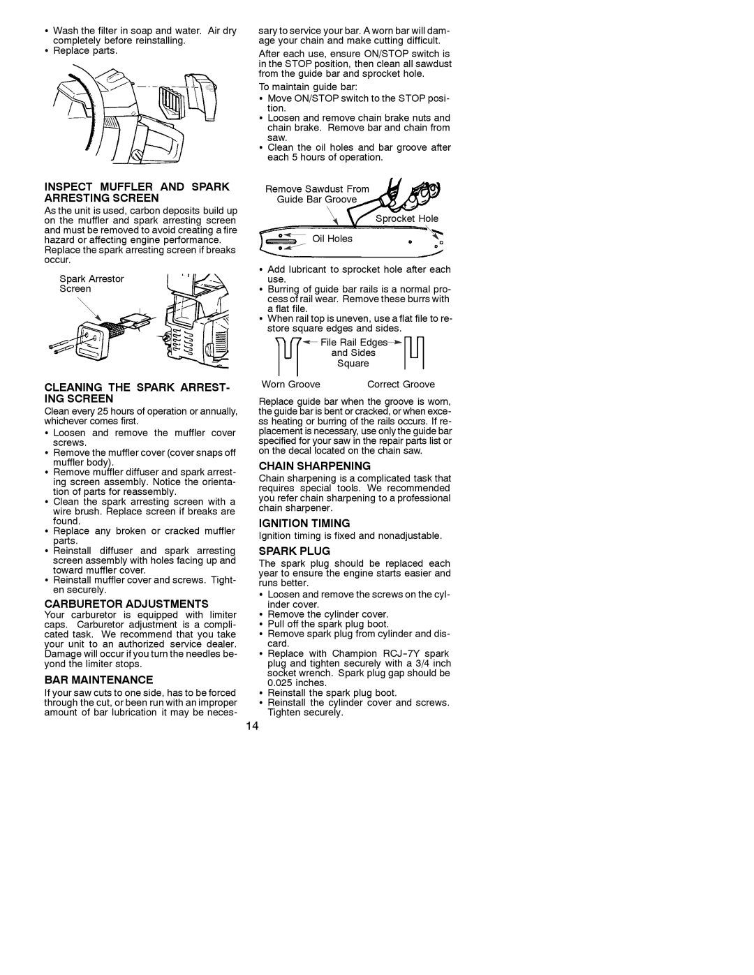 Poulan 3750 Inspect Muffler and Spark Arresting Screen, Cleaning the Spark ARREST- ING Screen, Carburetor Adjustments 