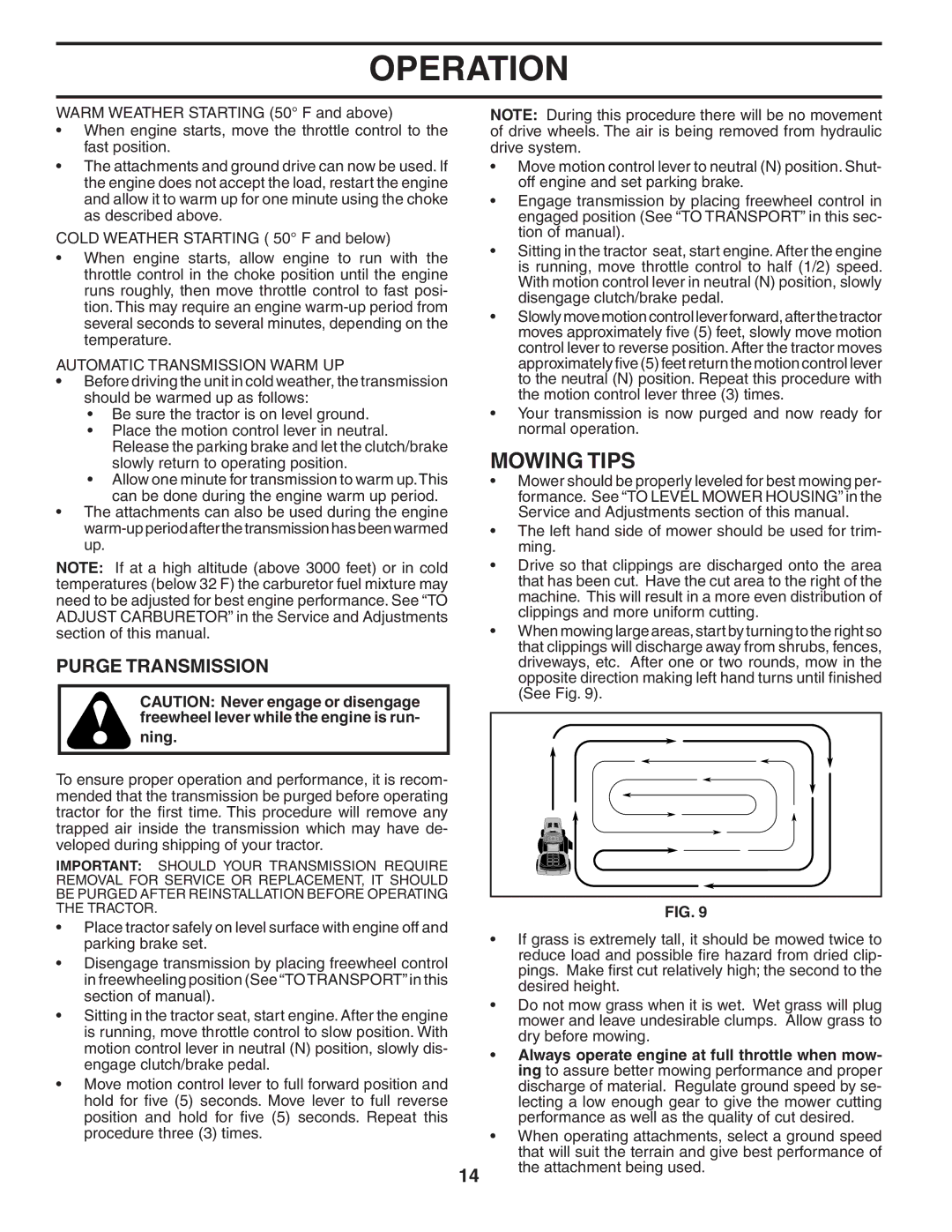 Poulan 401121 manual Mowing Tips, Purge Transmission, Automatic Transmission Warm UP 