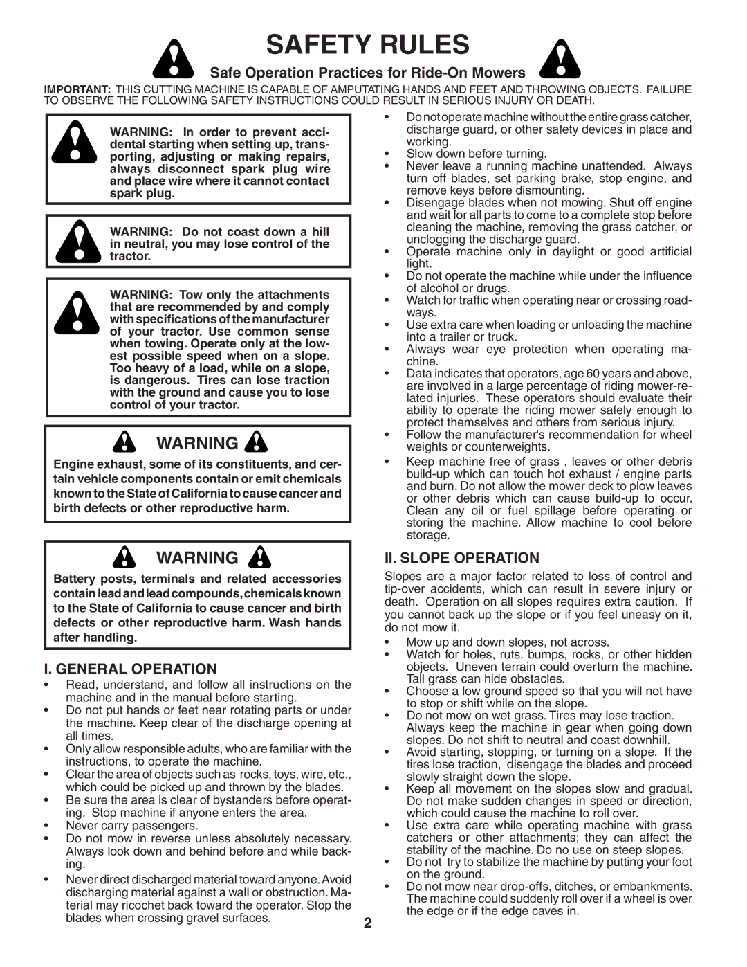 Poulan 401121 manual Safety Rules, Safe Operation Practices for Ride-On Mowers, General Operation, II. Slope Operation 