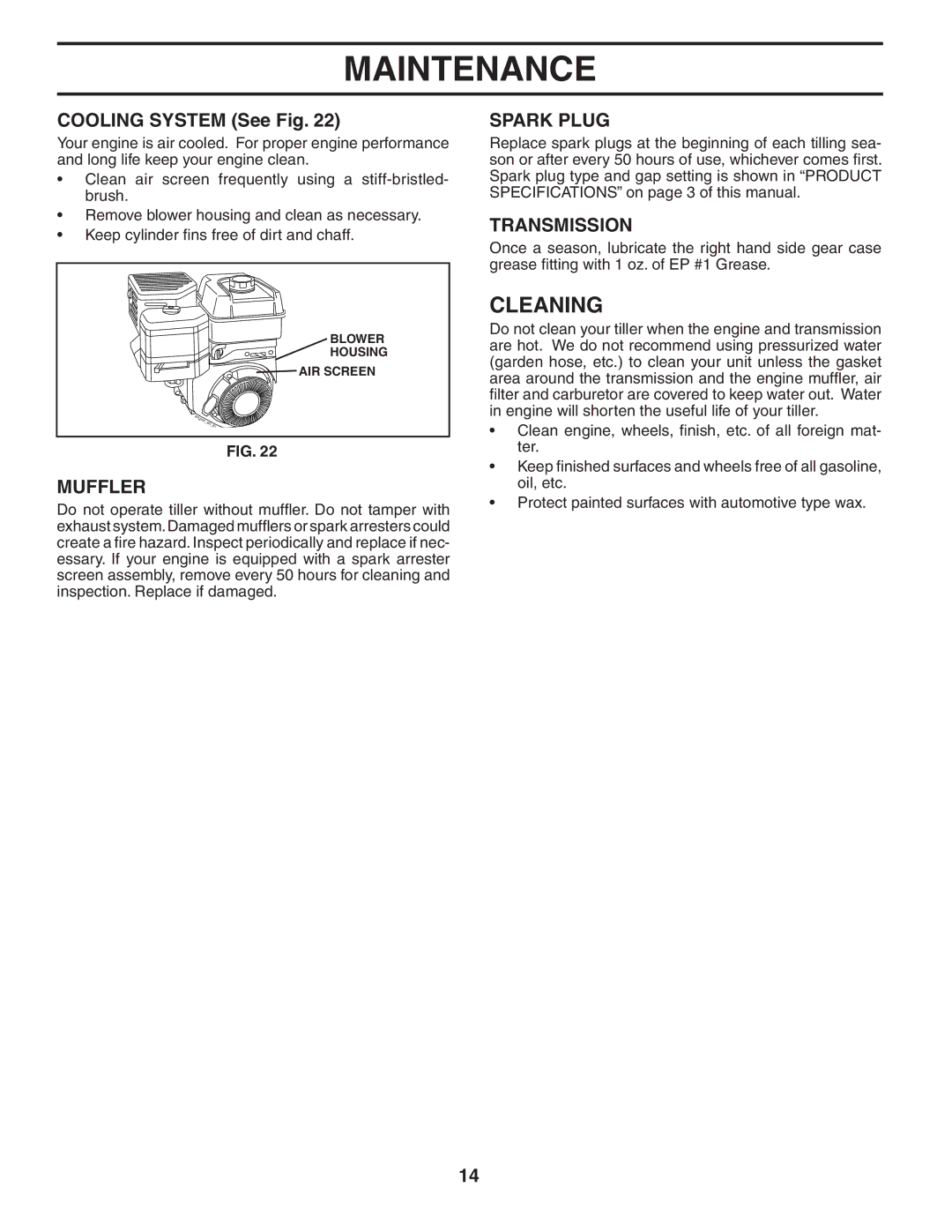 Poulan 401423, 96092000500 manual Cleaning, Cooling System See Fig, Muffler, Spark Plug, Transmission 