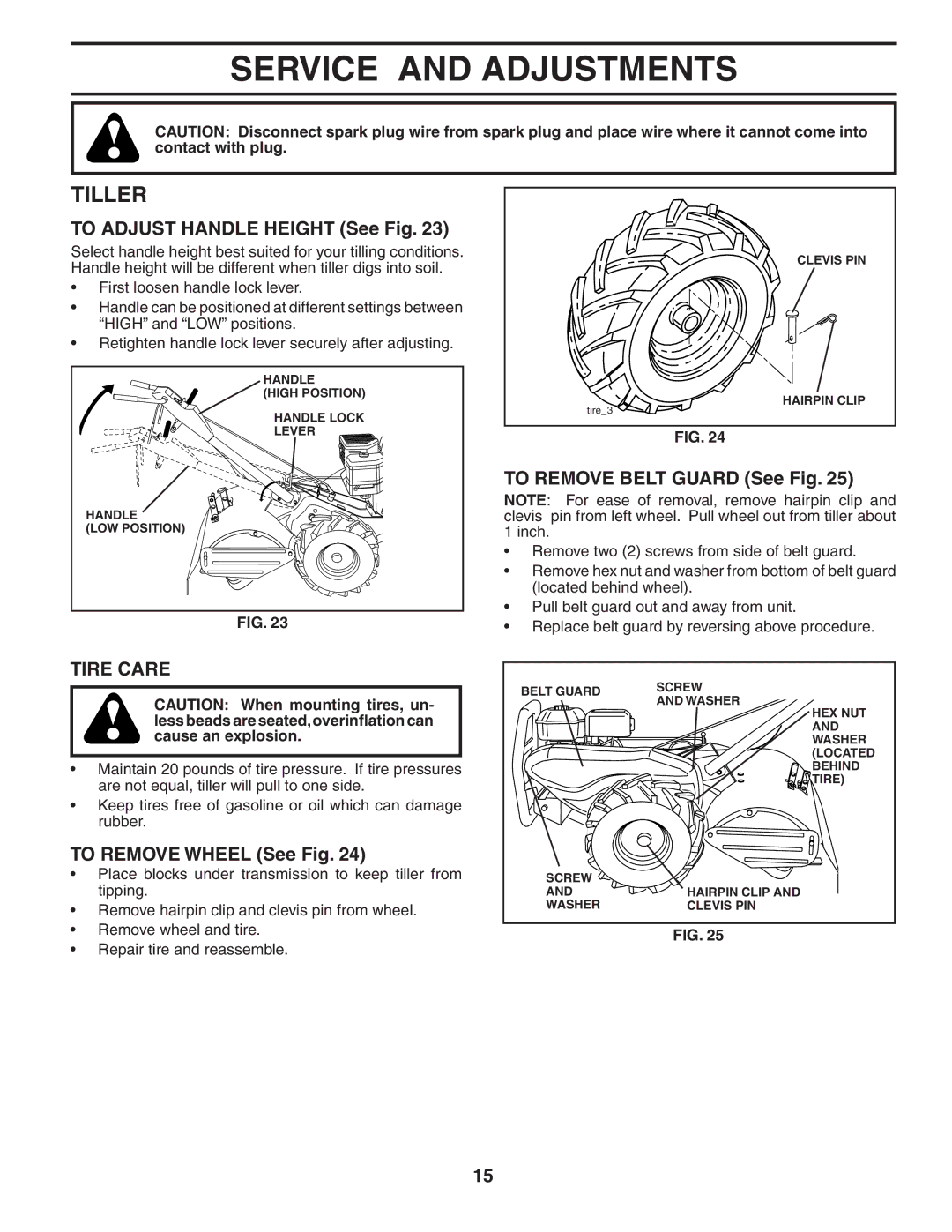 Poulan 96092000500, 401423 manual Service and Adjustments, Tiller, Tire Care 