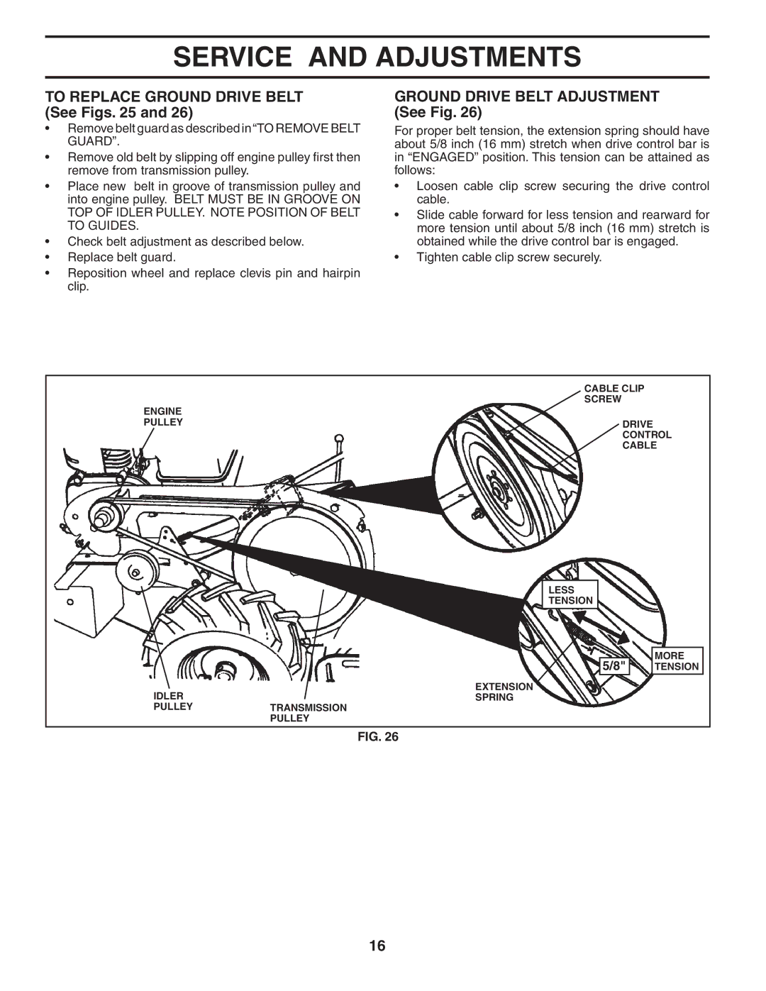 Poulan 401423, 96092000500 manual To Replace Ground Drive Belt See Figs, Ground Drive Belt Adjustment See Fig 