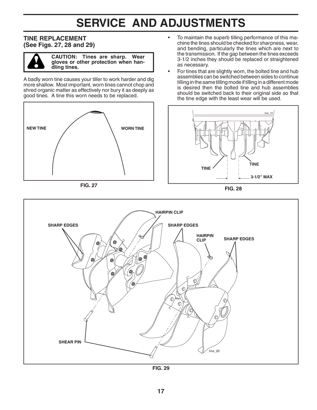 Poulan 96092000500, 401423 manual Tine Replacement See Figs , 28 