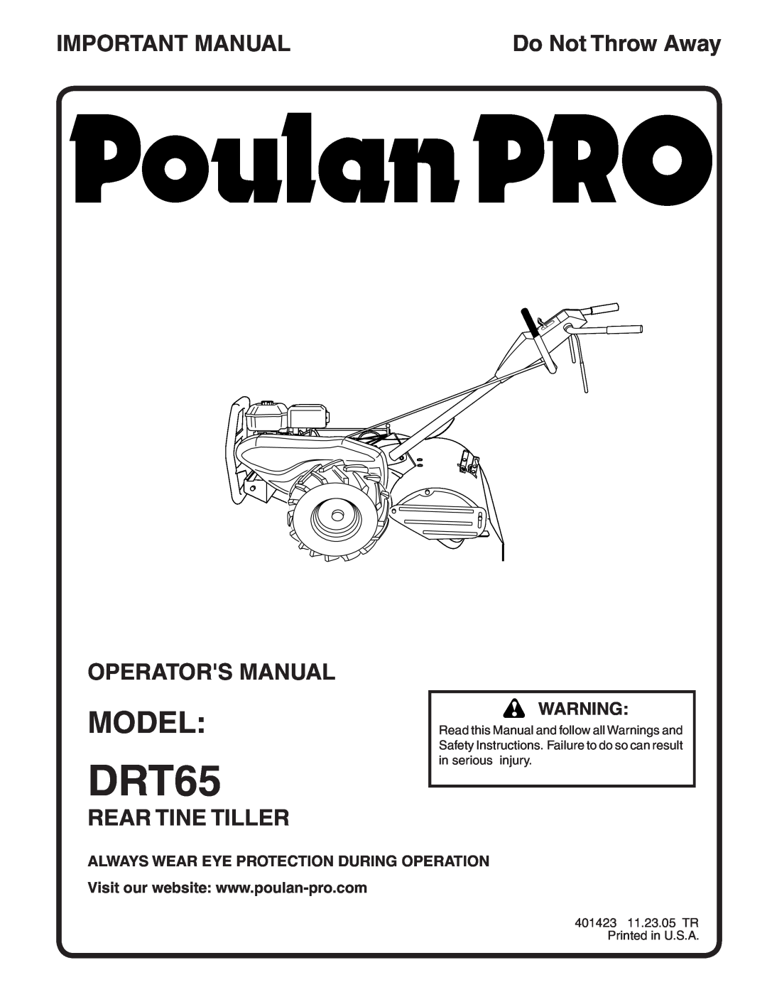 Poulan 96092000500, 401423 manual Model, Important Manual, Operators Manual, Rear Tine Tiller, DRT65, Do Not Throw Away 