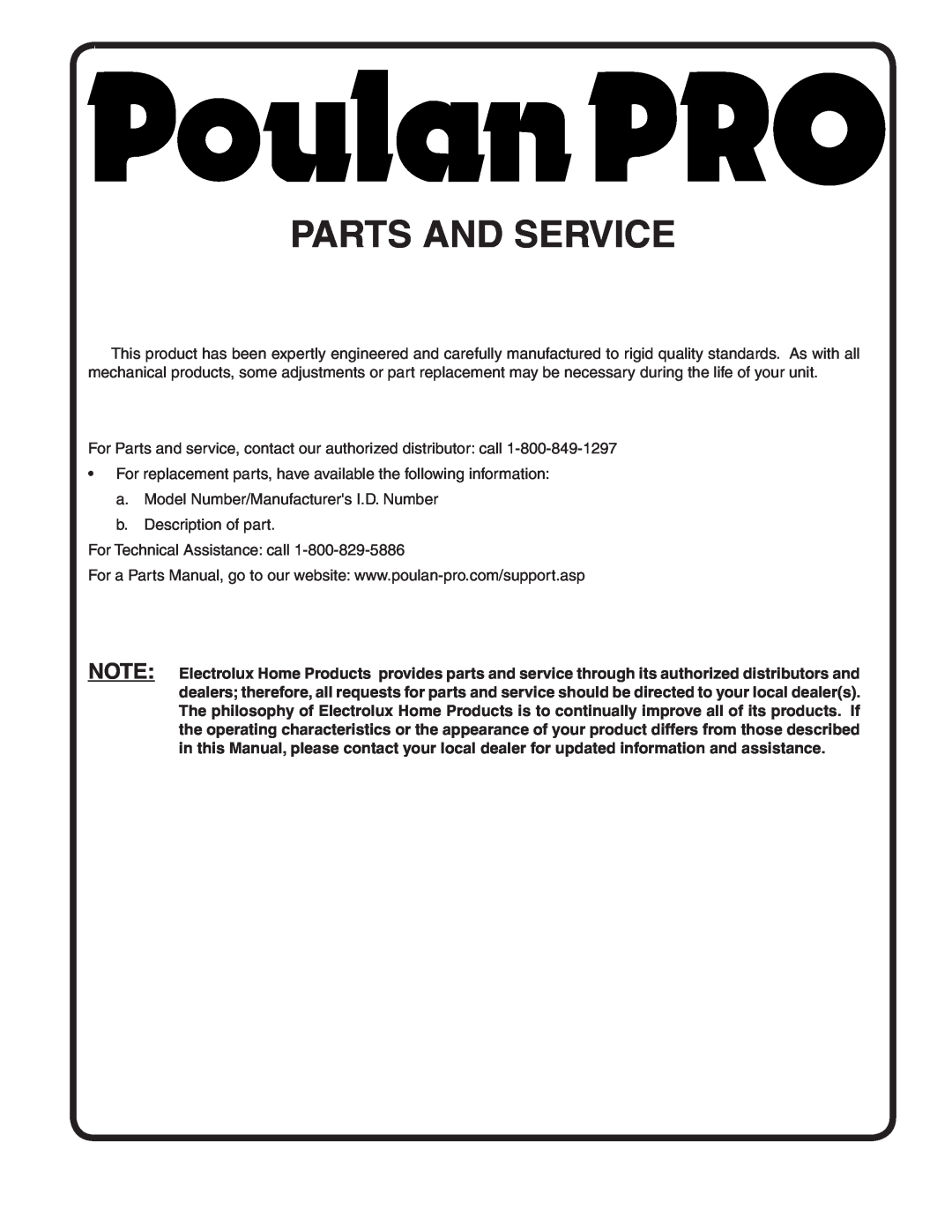 Poulan 401423, 96092000500 manual Parts And Service 