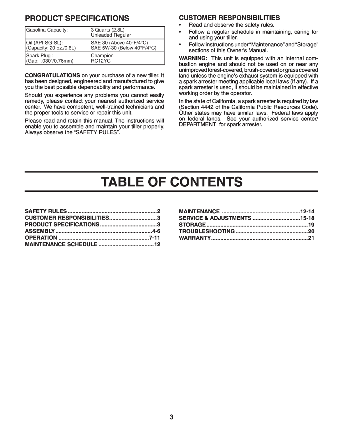 Poulan 96092000500, 401423 manual Table Of Contents, Product Specifications, Customer Responsibilities, 12-14, 15-18, 7-11 