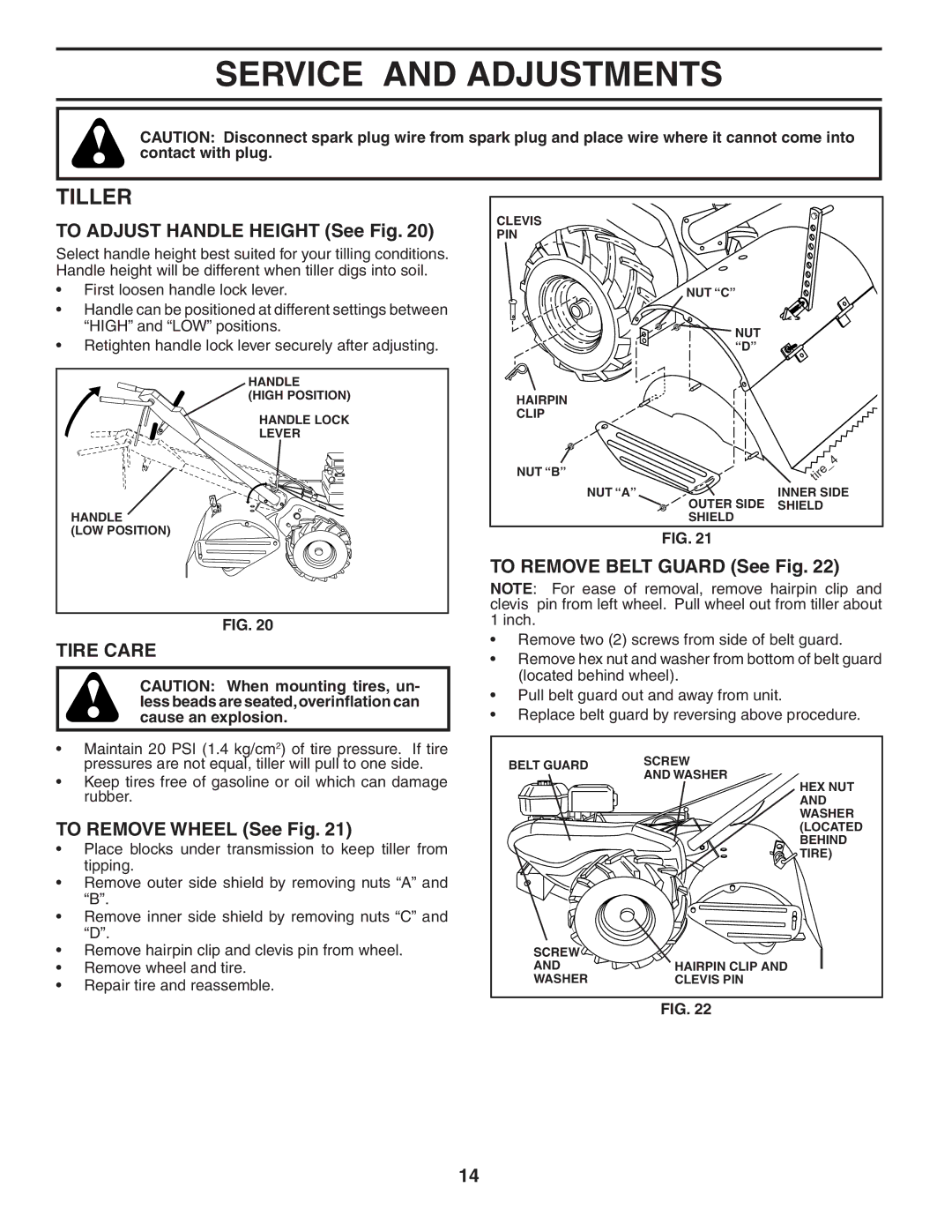 Poulan 401434 manual Service and Adjustments, Tiller, Tire Care 