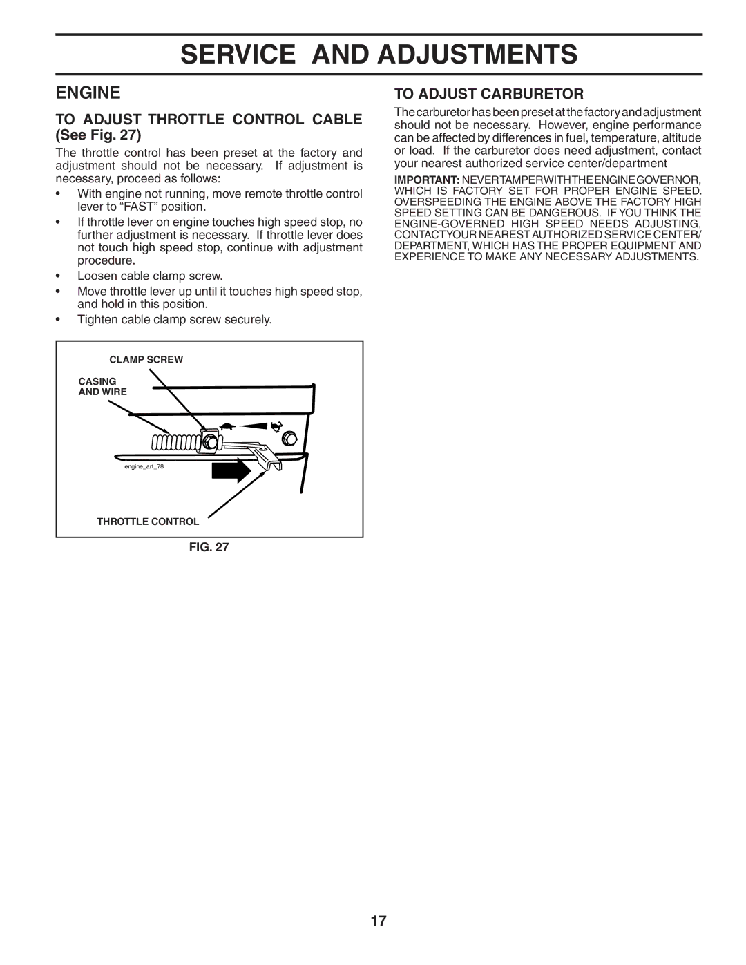 Poulan 401434 manual To Adjust Throttle Control Cable See Fig, To Adjust Carburetor 