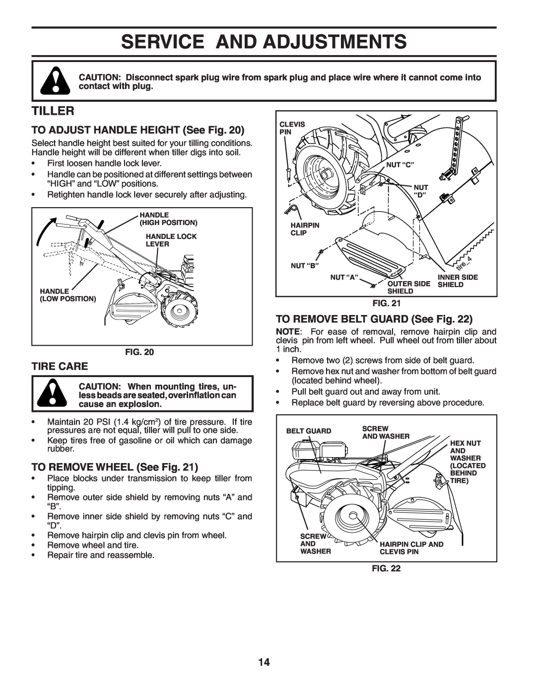 Poulan 401434 manual Service And Adjustments, Tiller, TO ADJUST HANDLE HEIGHT See Fig, Tire Care, TO REMOVE WHEEL See Fig 