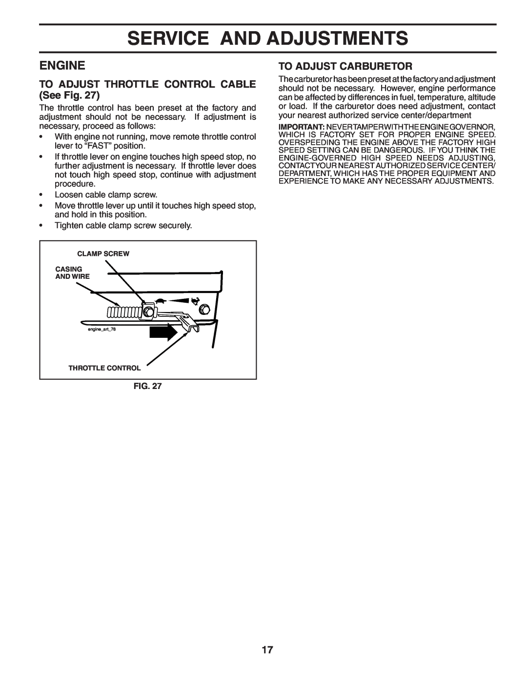 Poulan 401434 manual TO ADJUST THROTTLE CONTROL CABLE See Fig, To Adjust Carburetor, Service And Adjustments, Engine 