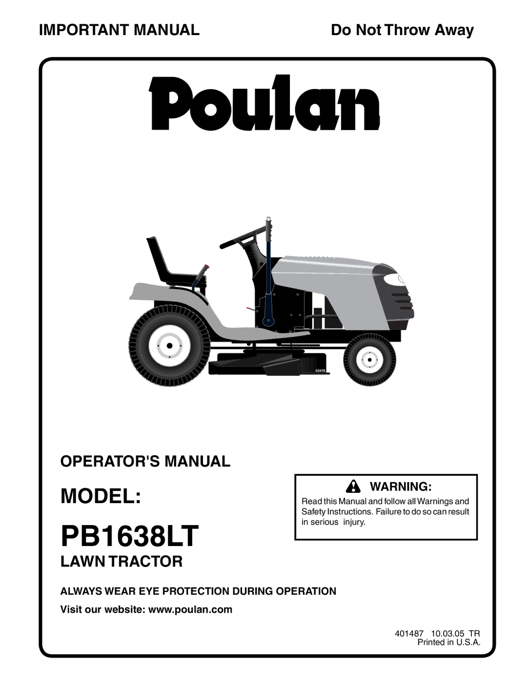 Poulan 401487 manual Model, Always Wear EYE Protection During Operation 