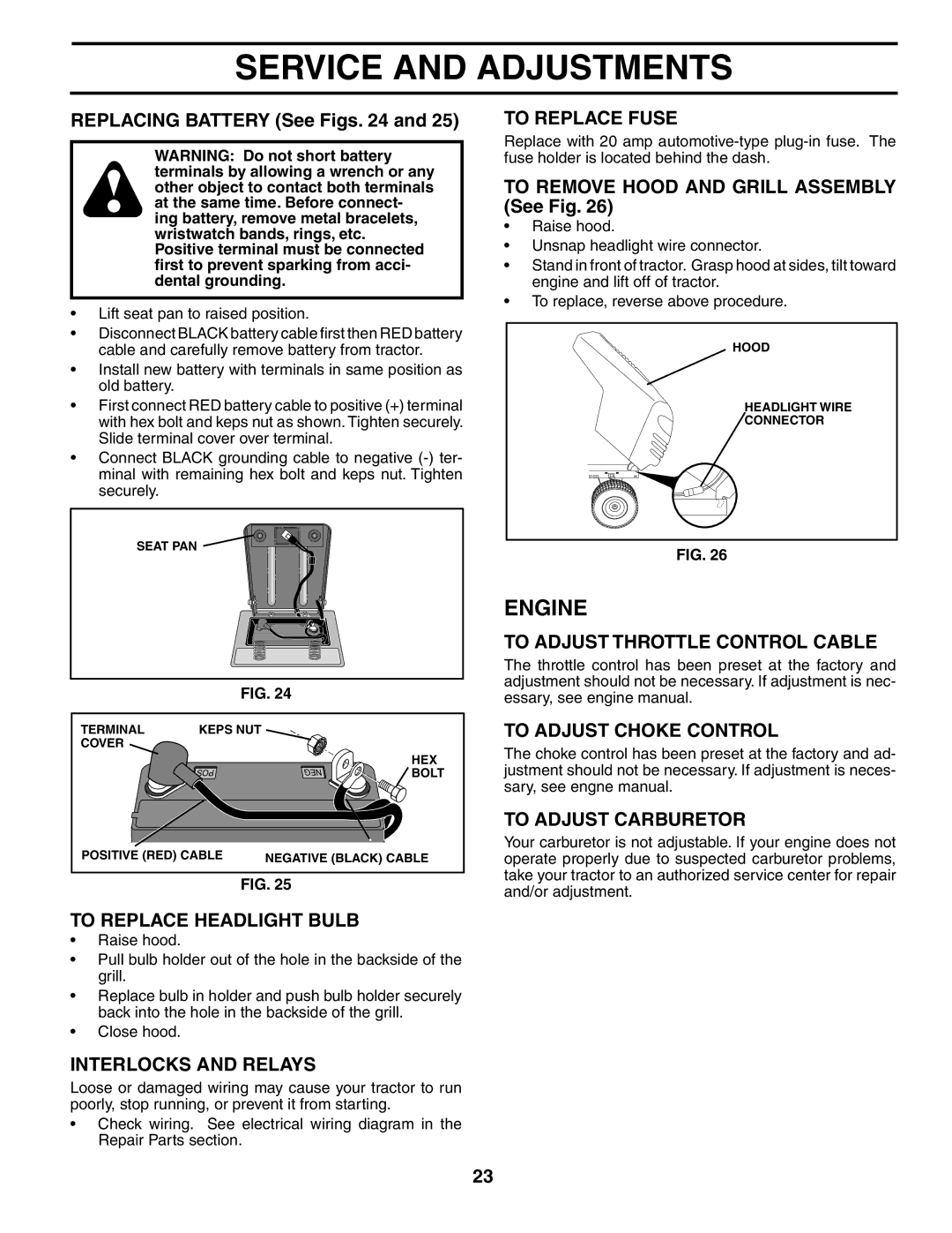 Poulan 401487 manual To Replace Headlight Bulb, Interlocks and Relays, To Replace Fuse, To Adjust Throttle Control Cable 