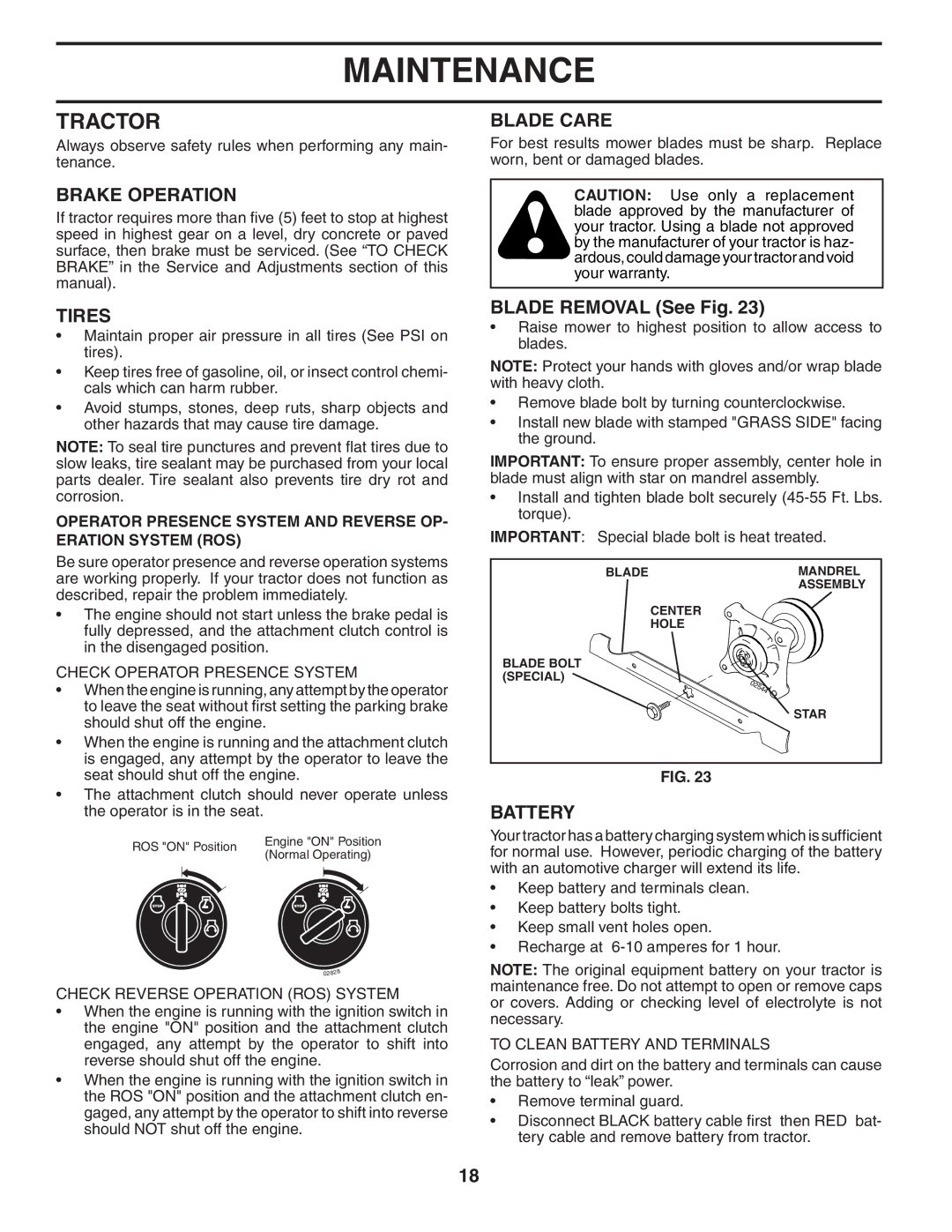 Poulan 402464 manual Tractor, Brake Operation, Tires, Blade Care, Battery 