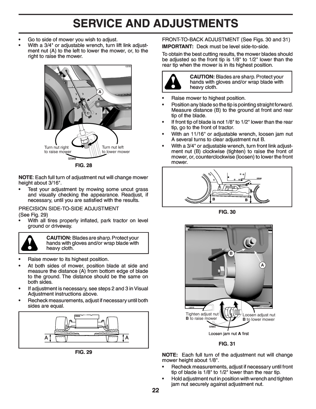 Poulan 402464 manual Service And Adjustments, Turn nut right, Turn nut left, Tighten adjust nut, B to raise mower 