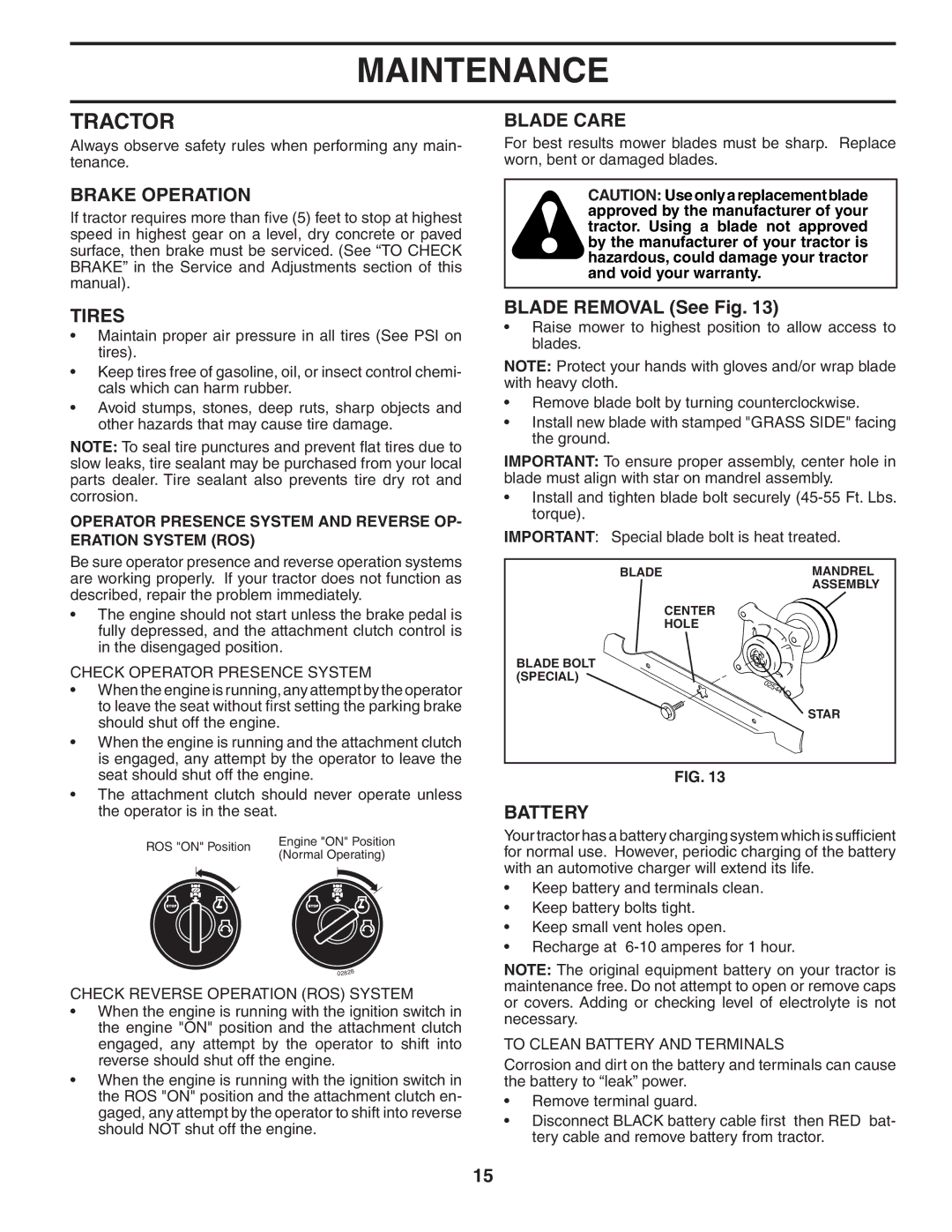 Poulan 96042000800, 402938 manual Tractor, Brake Operation, Tires, Blade Care, Battery 