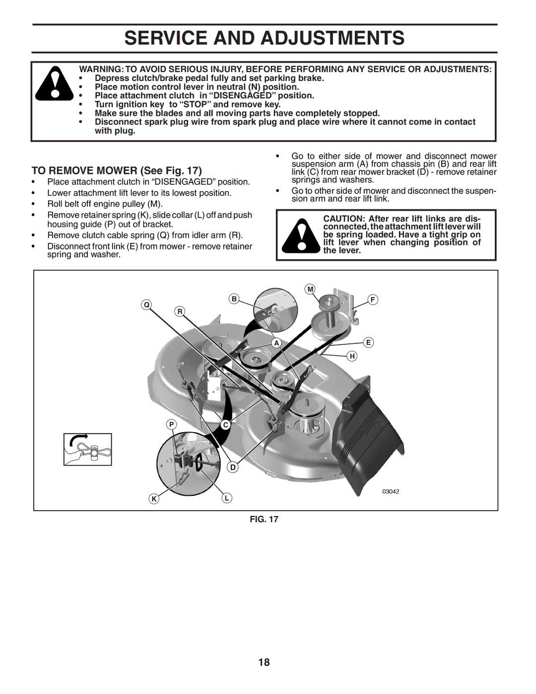 Poulan 402938, 96042000800 manual Service and Adjustments, To Remove Mower See Fig 