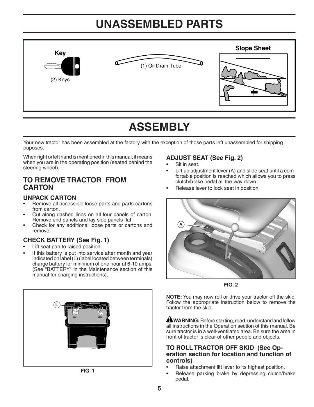 Poulan 96042000800, 402938 manual Unassembled Parts, Assembly, To Remove Tractor from Carton, Unpack Carton 