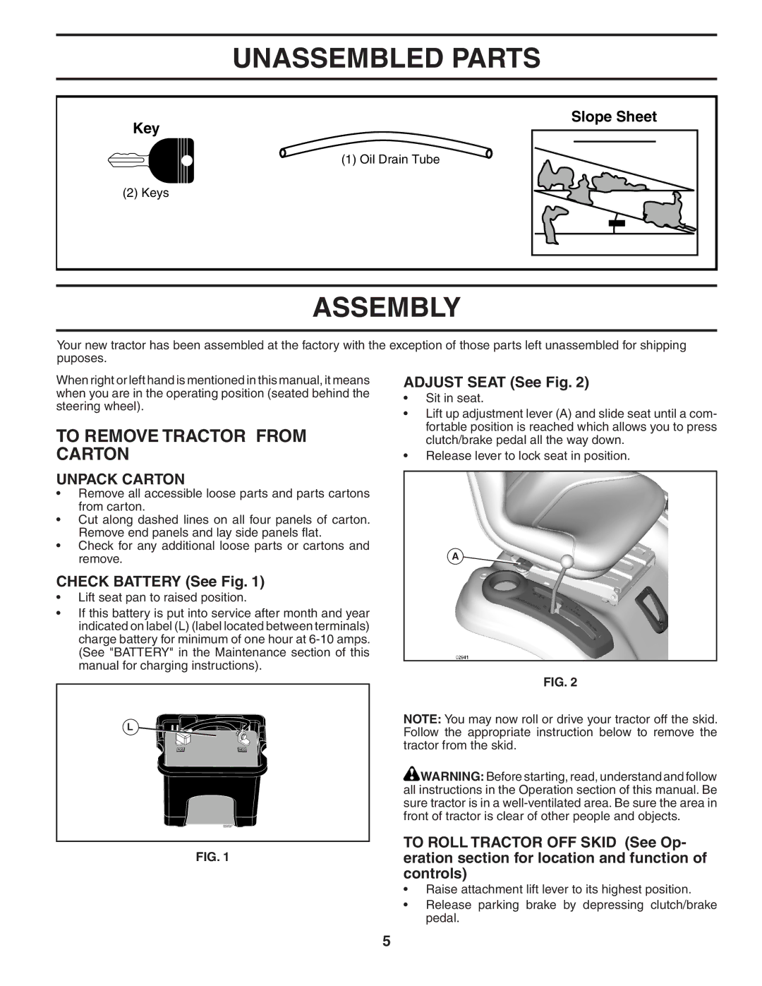 Poulan 402993 manual Unassembled Parts, Assembly, To Remove Tractor from Carton, Unpack Carton 