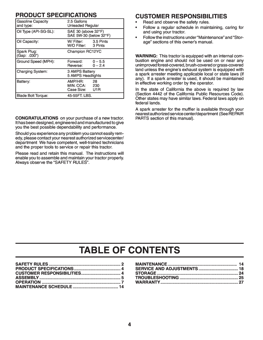 Poulan 402993 manual Table Of Contents, Product Specifications, Customer Responsibilities 
