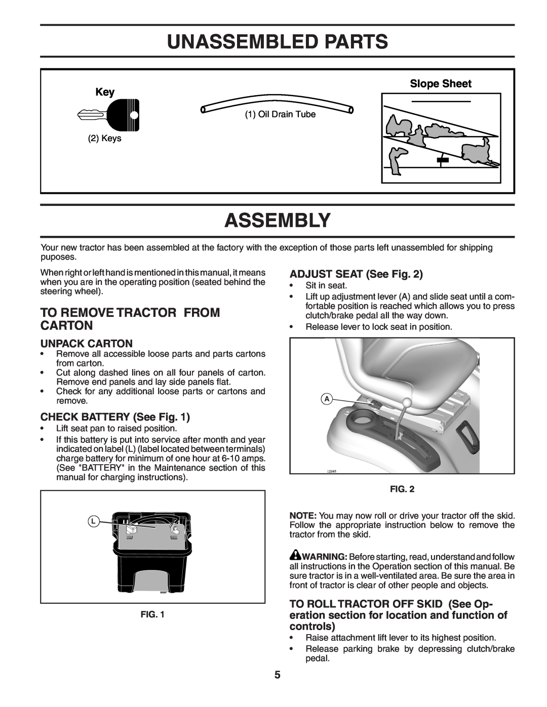 Poulan 402993 manual Unassembled Parts, Assembly, To Remove Tractor From Carton, Slope Sheet Key, Unpack Carton 
