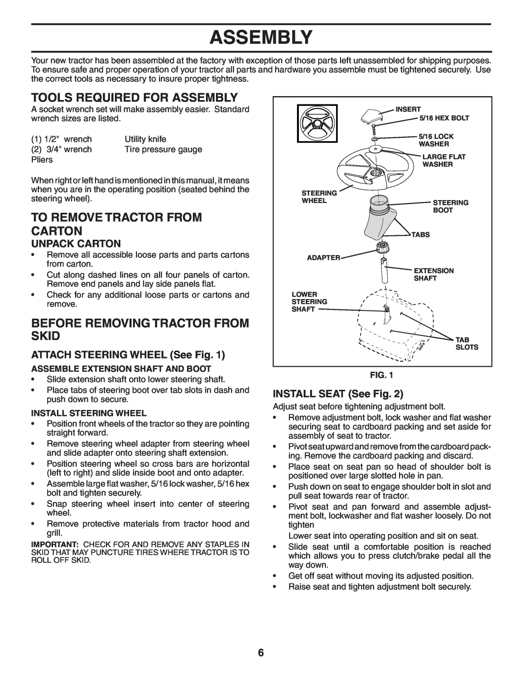 Poulan 403315 manual Tools Required For Assembly, To Remove Tractor From Carton, Before Removing Tractor From Skid 