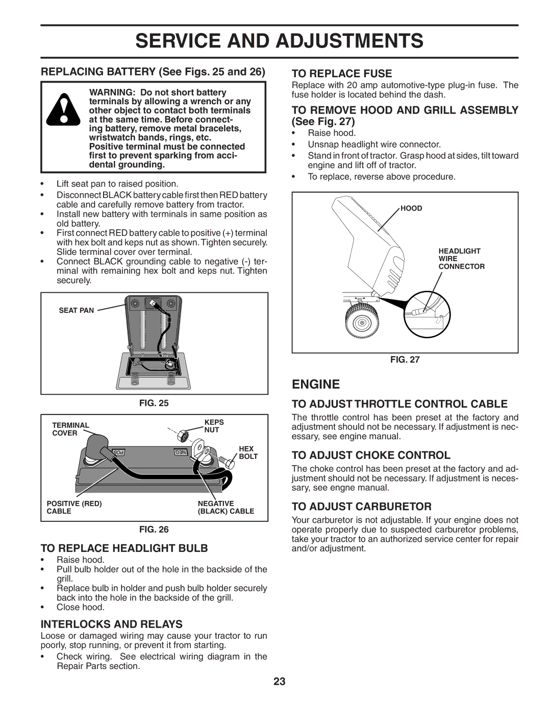 Poulan 403444 manual To Replace Headlight Bulb, Interlocks and Relays, To Replace Fuse, To Adjust Throttle Control Cable 