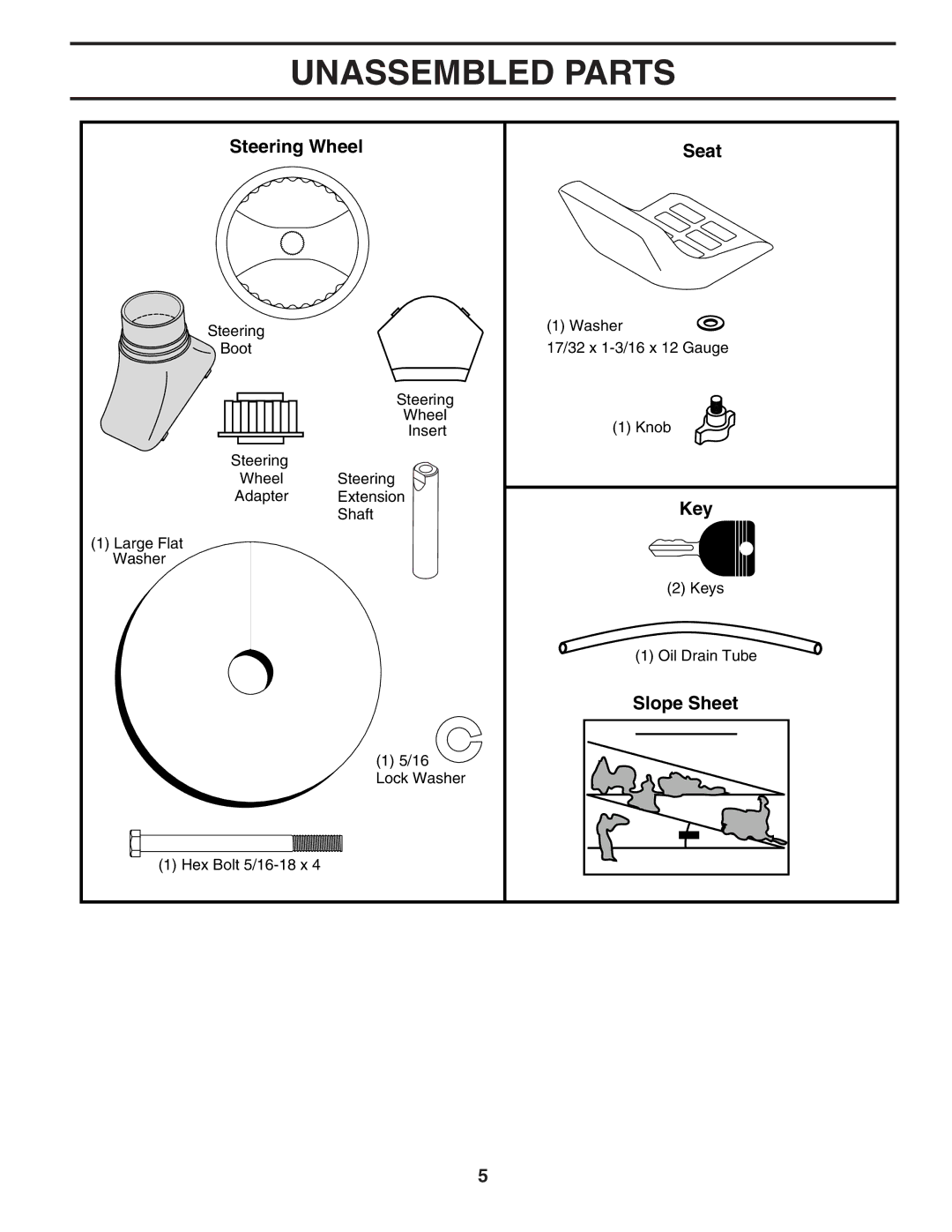 Poulan 403444 manual Unassembled Parts, Steering Wheel Seat, Slope Sheet 