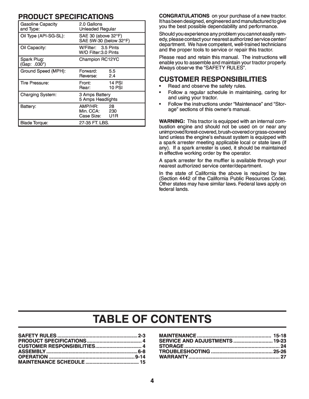 Poulan 403444 manual Table Of Contents, Product Specifications, Customer Responsibilities, 9-14, 15-18, 19-23, 25-26 