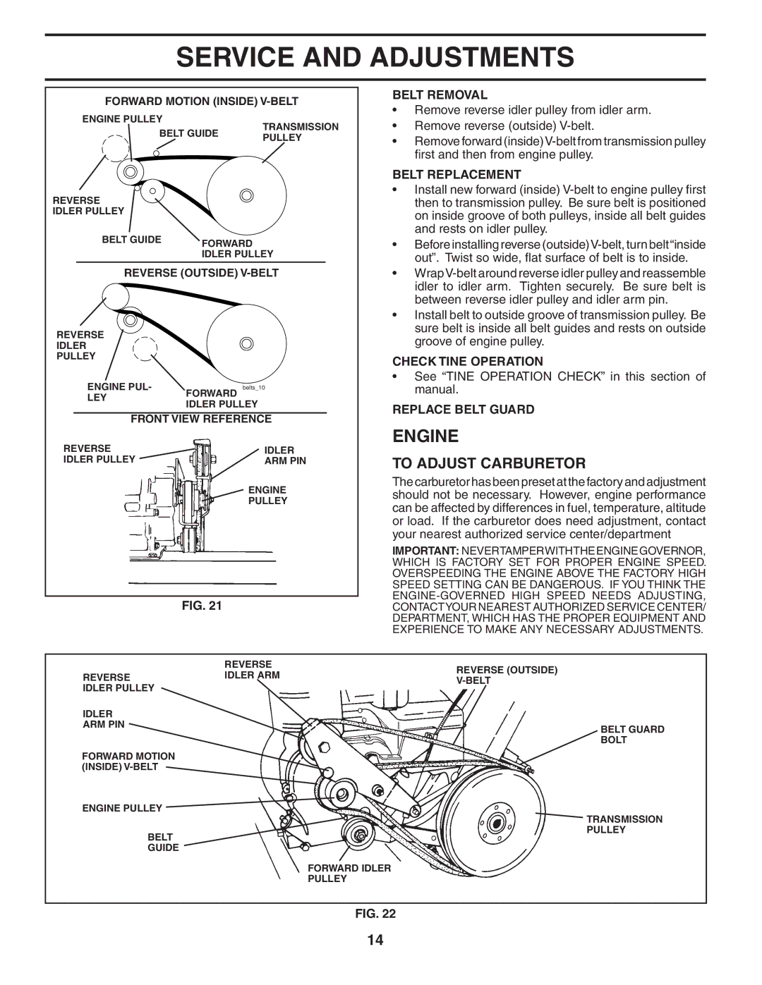 Poulan 403661, 96081000700 To Adjust Carburetor, Belt Removal, Belt Replacement, Check Tine Operation, Replace Belt Guard 