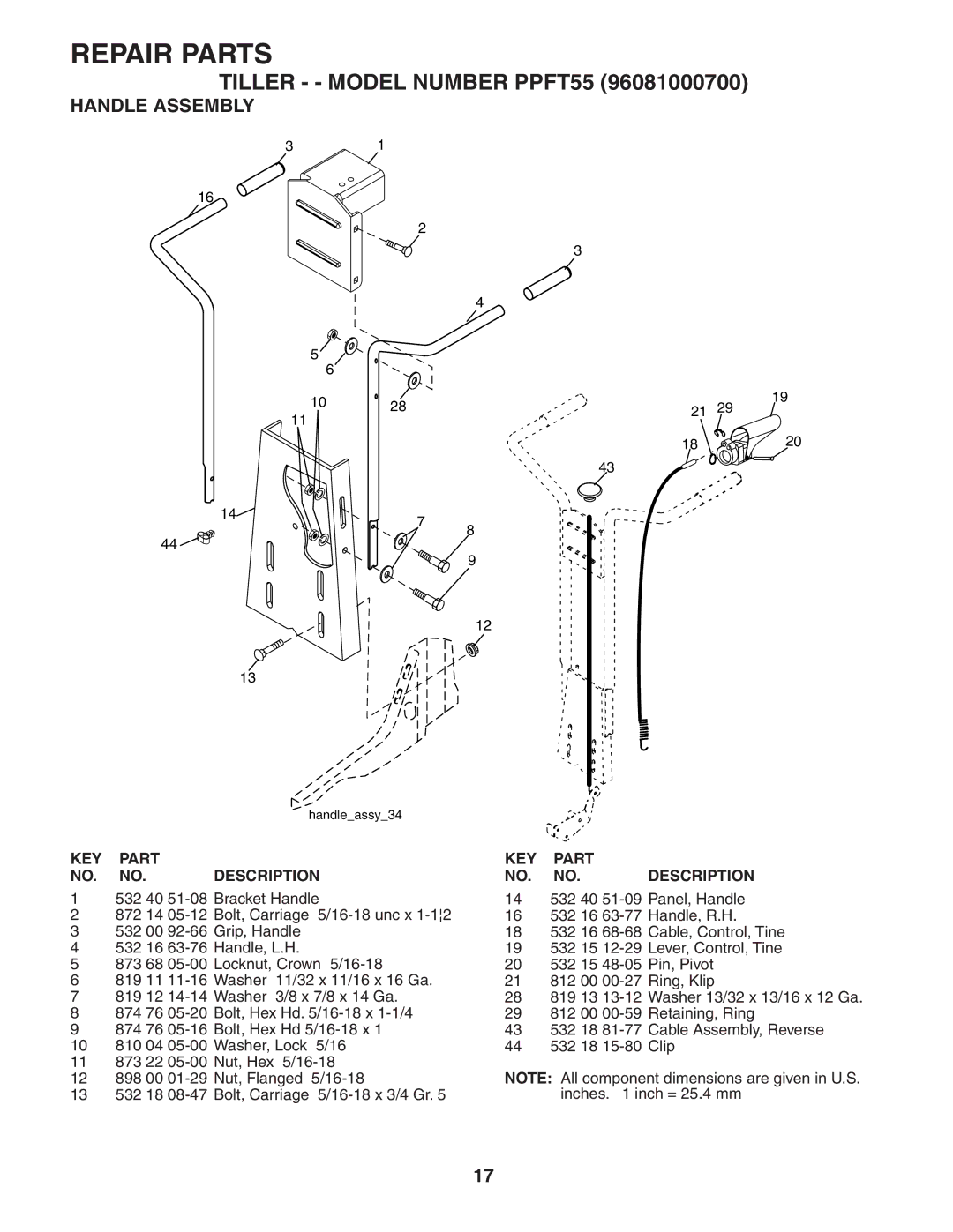 Poulan 96081000700, 403661 owner manual Handle Assembly, KEY Part Description 