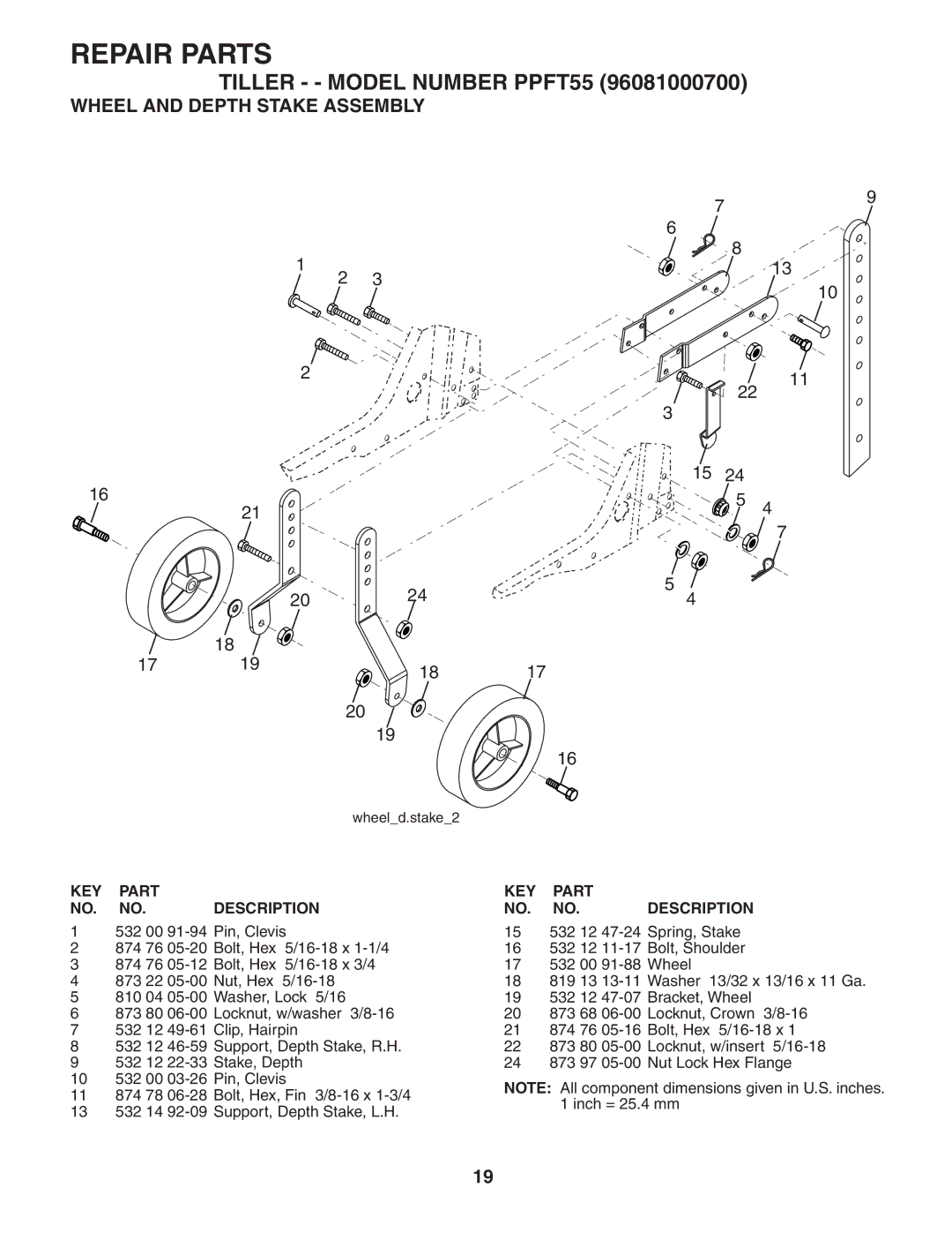 Poulan 96081000700, 403661 owner manual Wheel and Depth Stake Assembly, KEY Part NO. NO. Description 