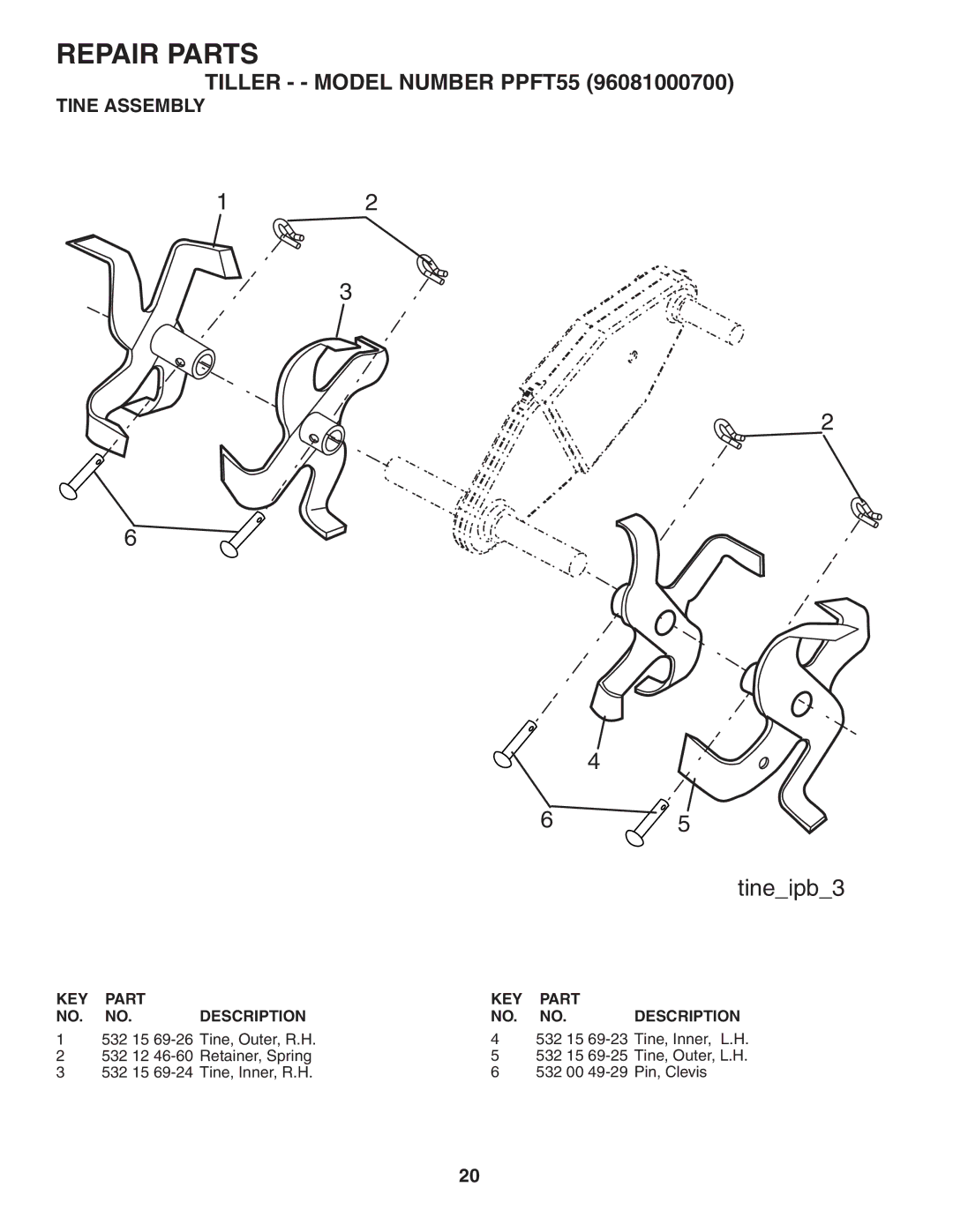 Poulan 403661, 96081000700 owner manual Tineipb3, Tine Assembly 