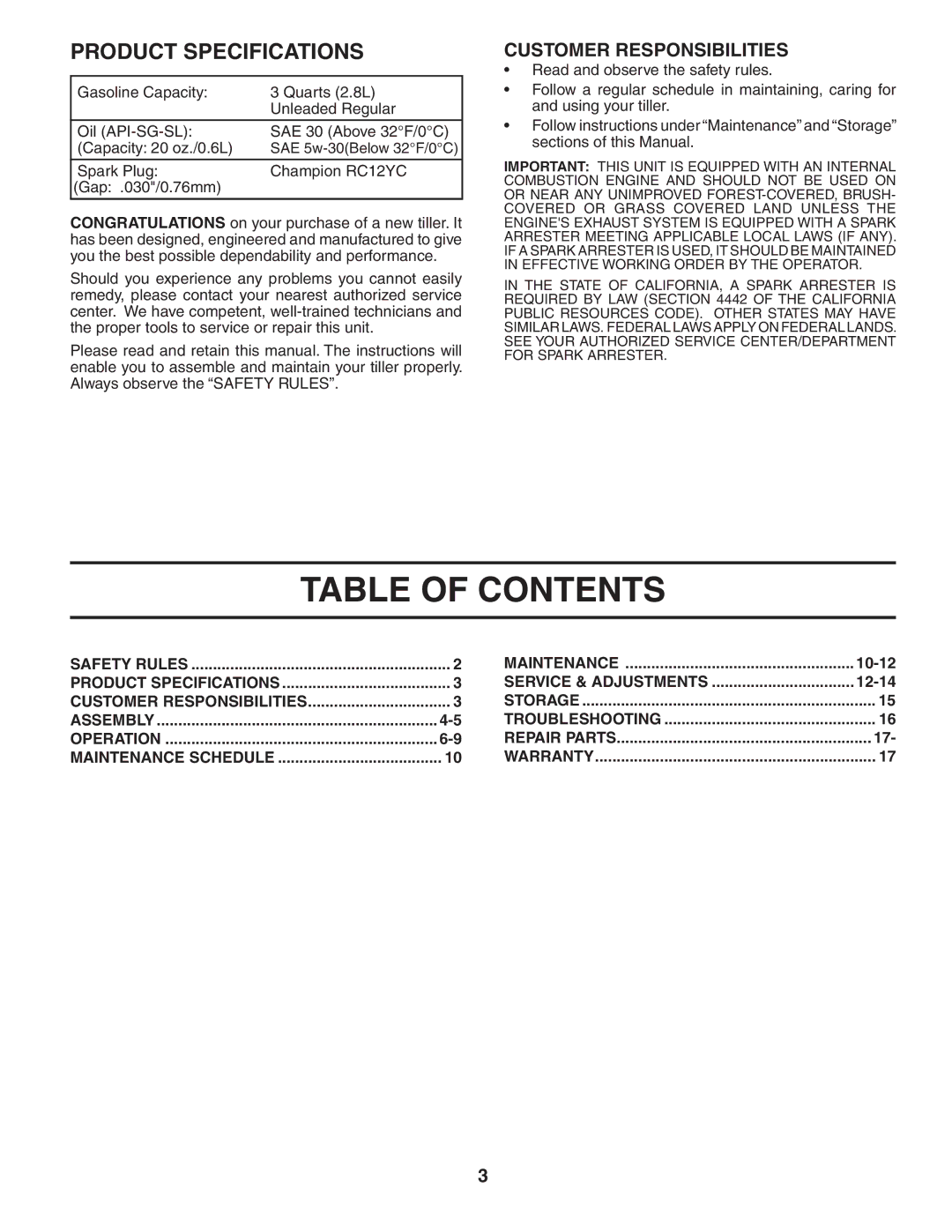 Poulan 96081000700, 403661 owner manual Table of Contents 