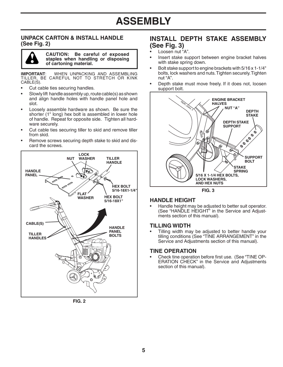 Poulan 96081000700, 403661 owner manual Unpack Carton & Install Handle See Fig, Handle Height, Tilling Width, Tine Operation 